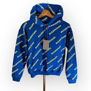 Balenciaga '20 All Over Logo Hoodie in Blue/Yellow Unisex Mens SM - *NWT!*